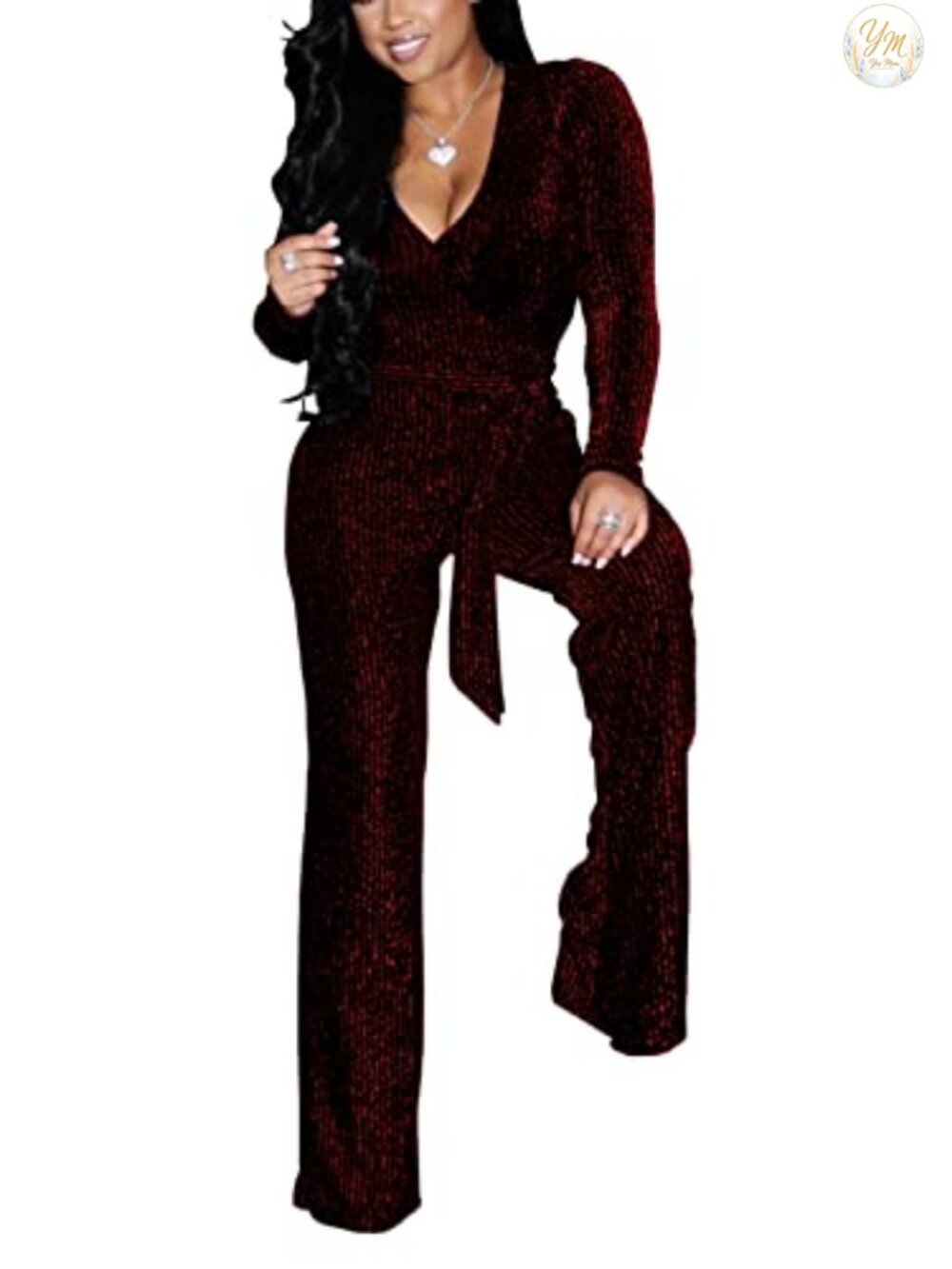 Sparkly V-Neck Long Sleeve Wide-Leg Jumpsuit with Belt